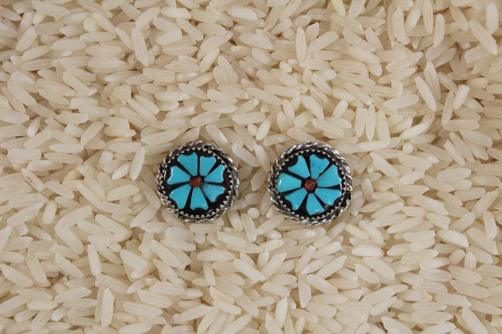 Zuni, Post, Inlay, Floral, Turquoise, Coral, Women, Earring