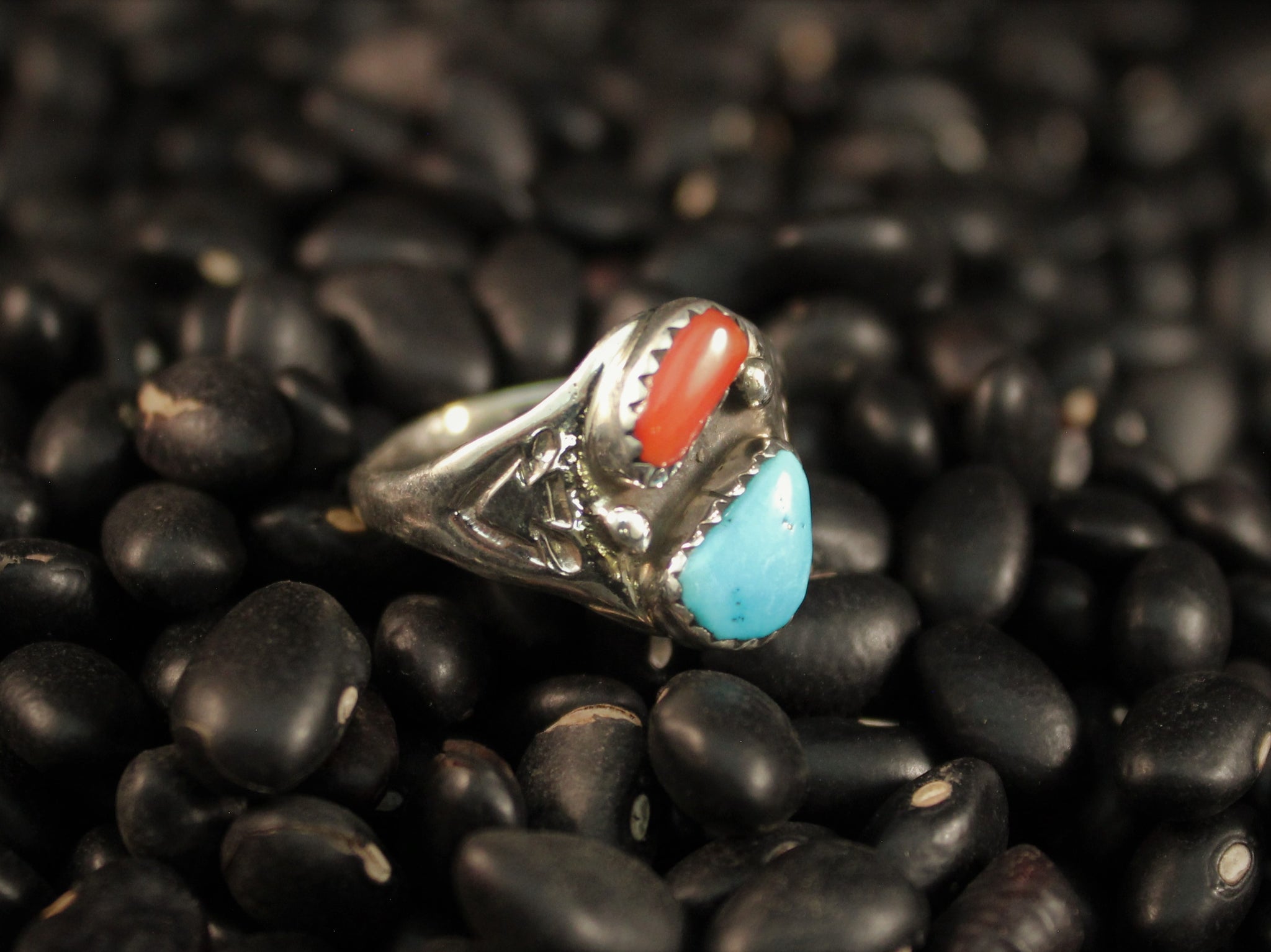 Turquoise and Coral Sandcast Ring